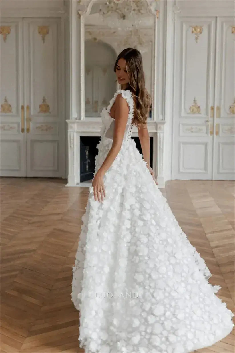 Luolandi Romantic A Line Sleeveless Long Wedding Dress With Slit Elegant Formal Prom Dress Charming Bridal Gown