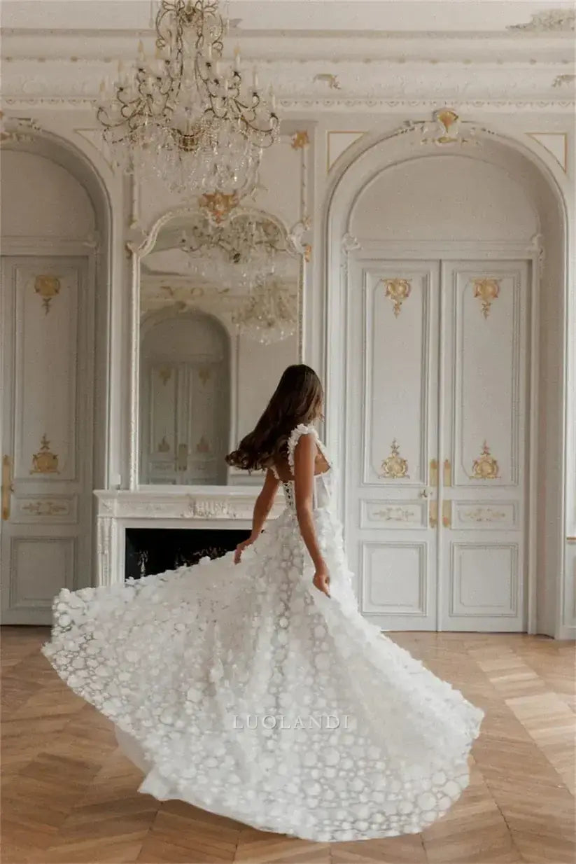 Luolandi Romantic A Line Sleeveless Long Wedding Dress With Slit Elegant Formal Prom Dress Charming Bridal Gown