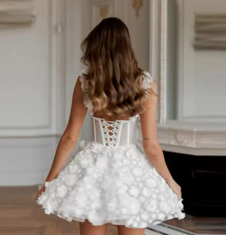 Luolandi Romantic A Line Straps Lace Flower Short/Mini Wedding Dresses Charming Bridal Grown Short Homecoming Dress