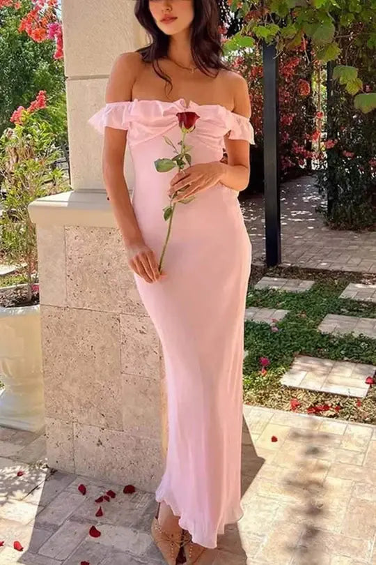 Luolandi Romantic Off Shoulder Ruffle Wedding Guest Dress Elegant Long Party Prom Dress