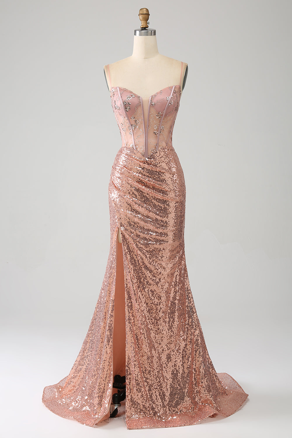 Luolandi Rose Gold Mermaid Beaded Ruched Sequin Corset Prom Dress With Side Slit Sparkly Evening Dress