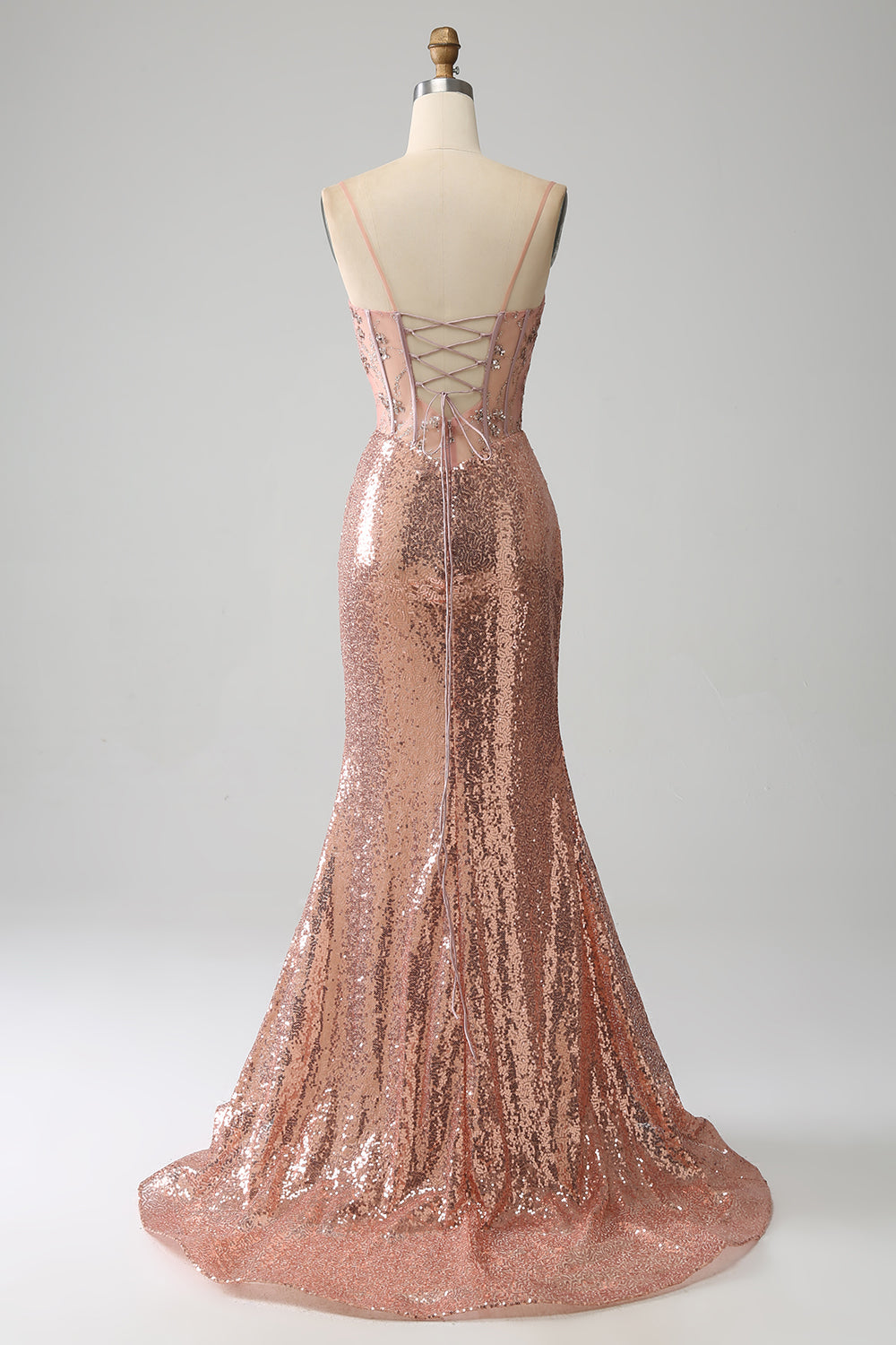 Luolandi Rose Gold Mermaid Beaded Ruched Sequin Corset Prom Dress With Side Slit Sparkly Evening Dress