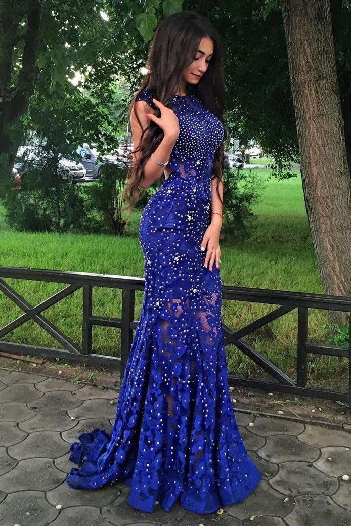 Luolandi Royal Blue Jewel Sweep Train Lace Backless Mermaid Prom Dresses with Beading Sexy Evening Dresses