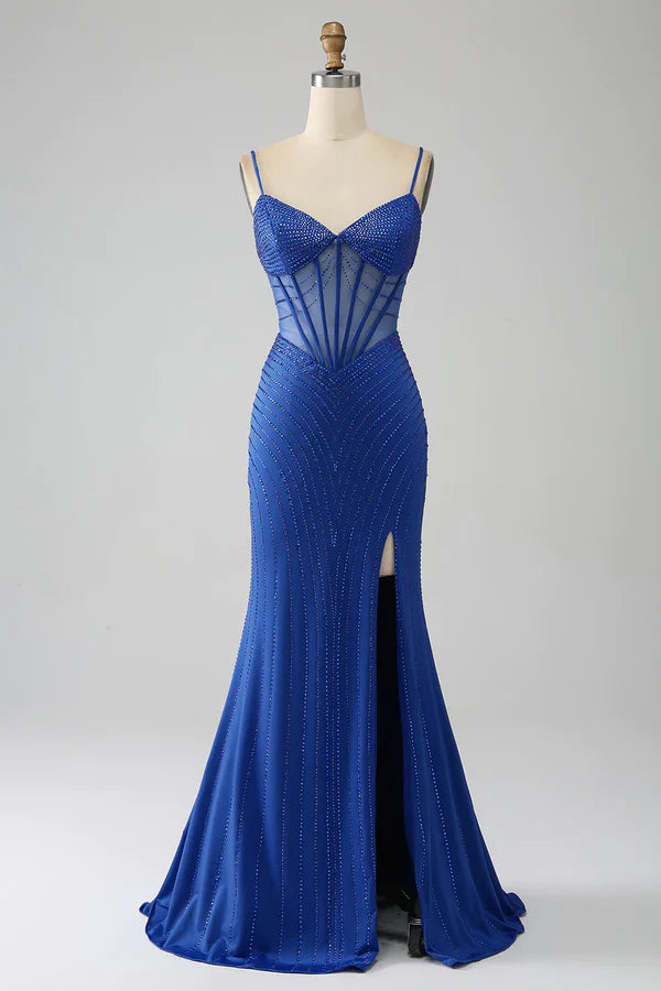 Luolandi Royal Blue Mermaid Corset Prom Dress with Beading And Slit Sparkly Evening Dress