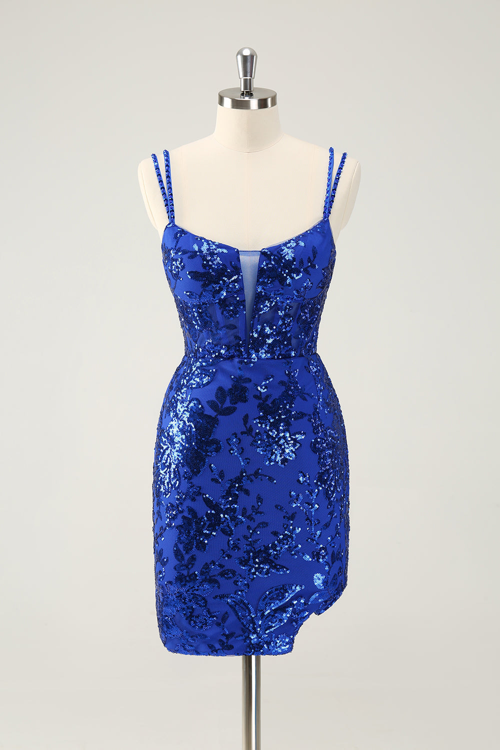 Luolandi Glittler Royal Blue Spaghetti Straps Lace Up Short Homecoming Dress with Slit Sexy Party Dress