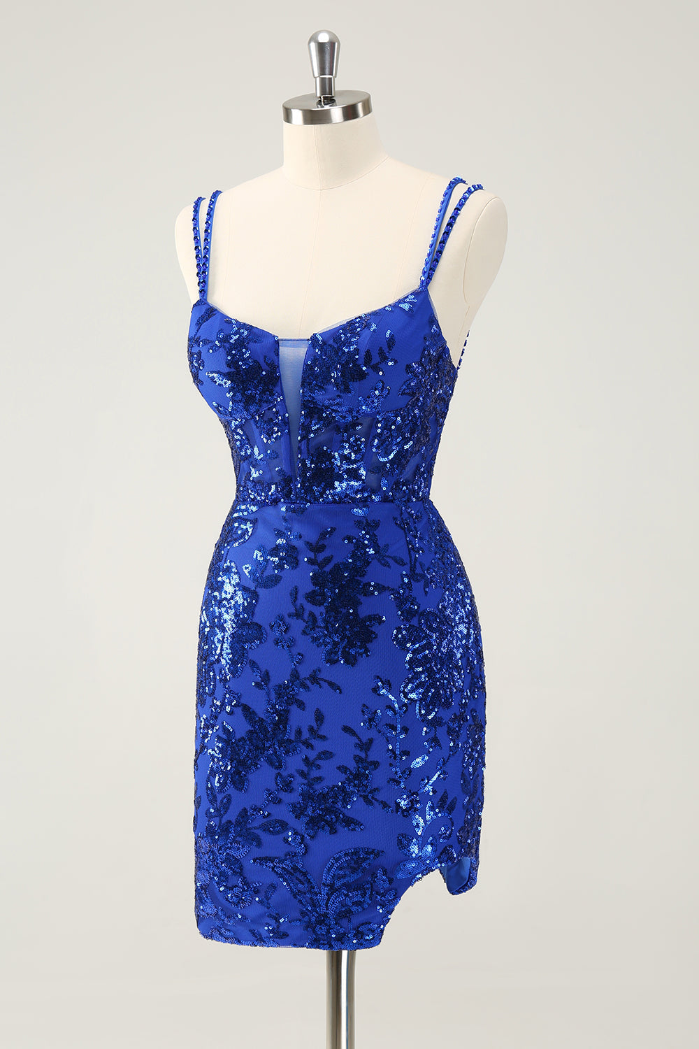 Luolandi Glittler Royal Blue Spaghetti Straps Lace Up Short Homecoming Dress with Slit Sexy Party Dress