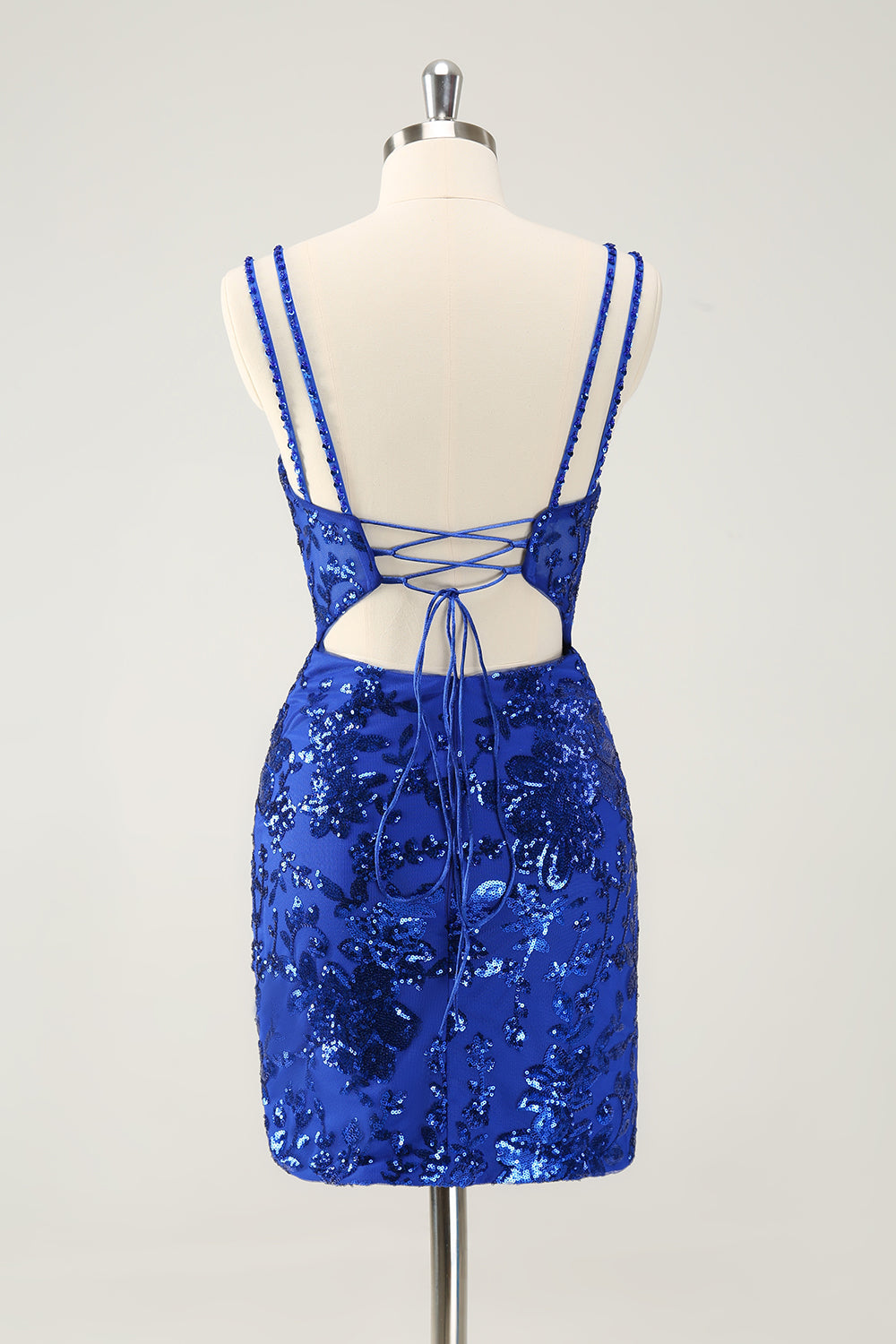 Luolandi Glittler Royal Blue Spaghetti Straps Lace Up Short Homecoming Dress with Slit Sexy Party Dress