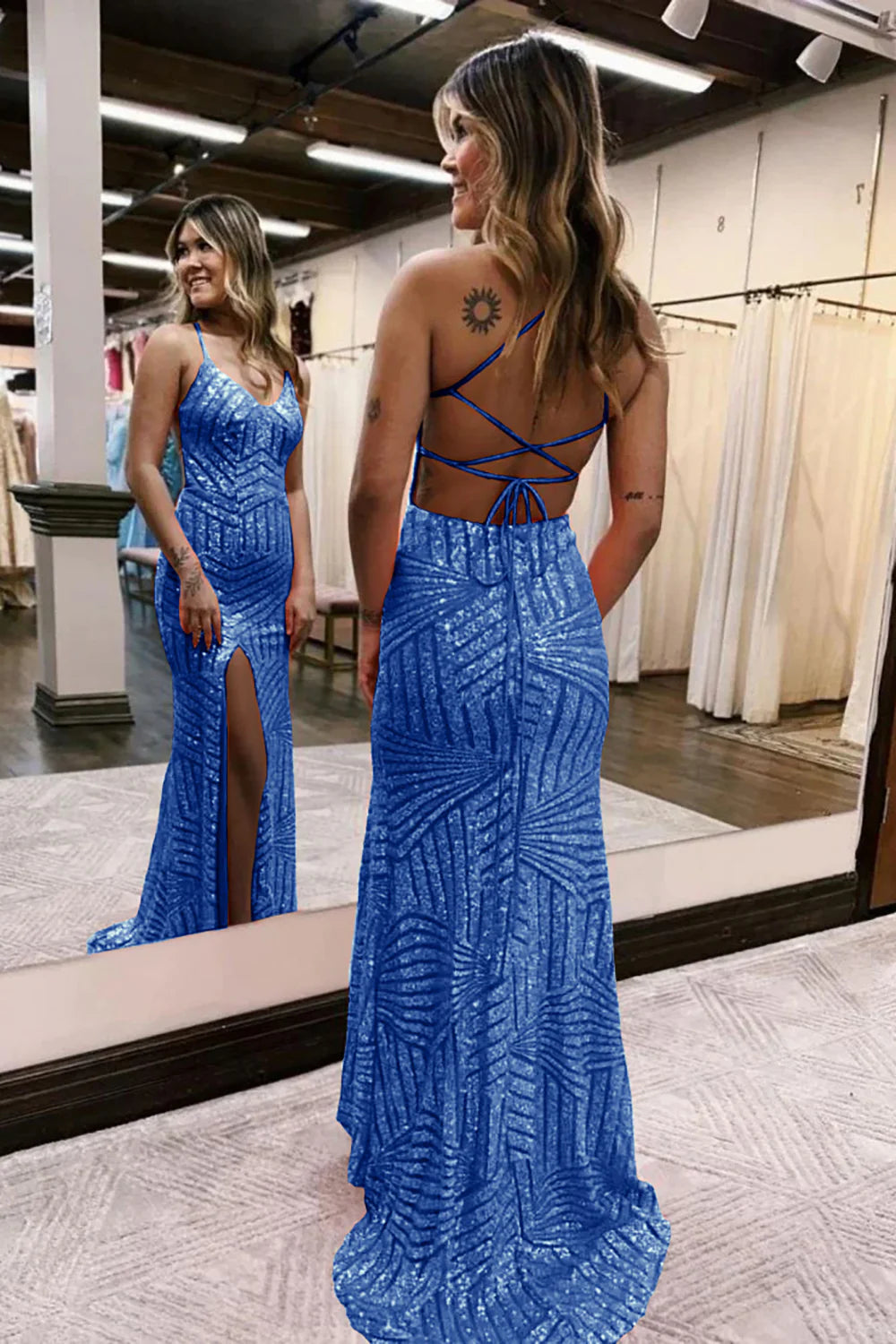 Luolandi Grey Blue Sequins V-Neck Spaghetti Straps Prom Dress With Slit Sparkly
