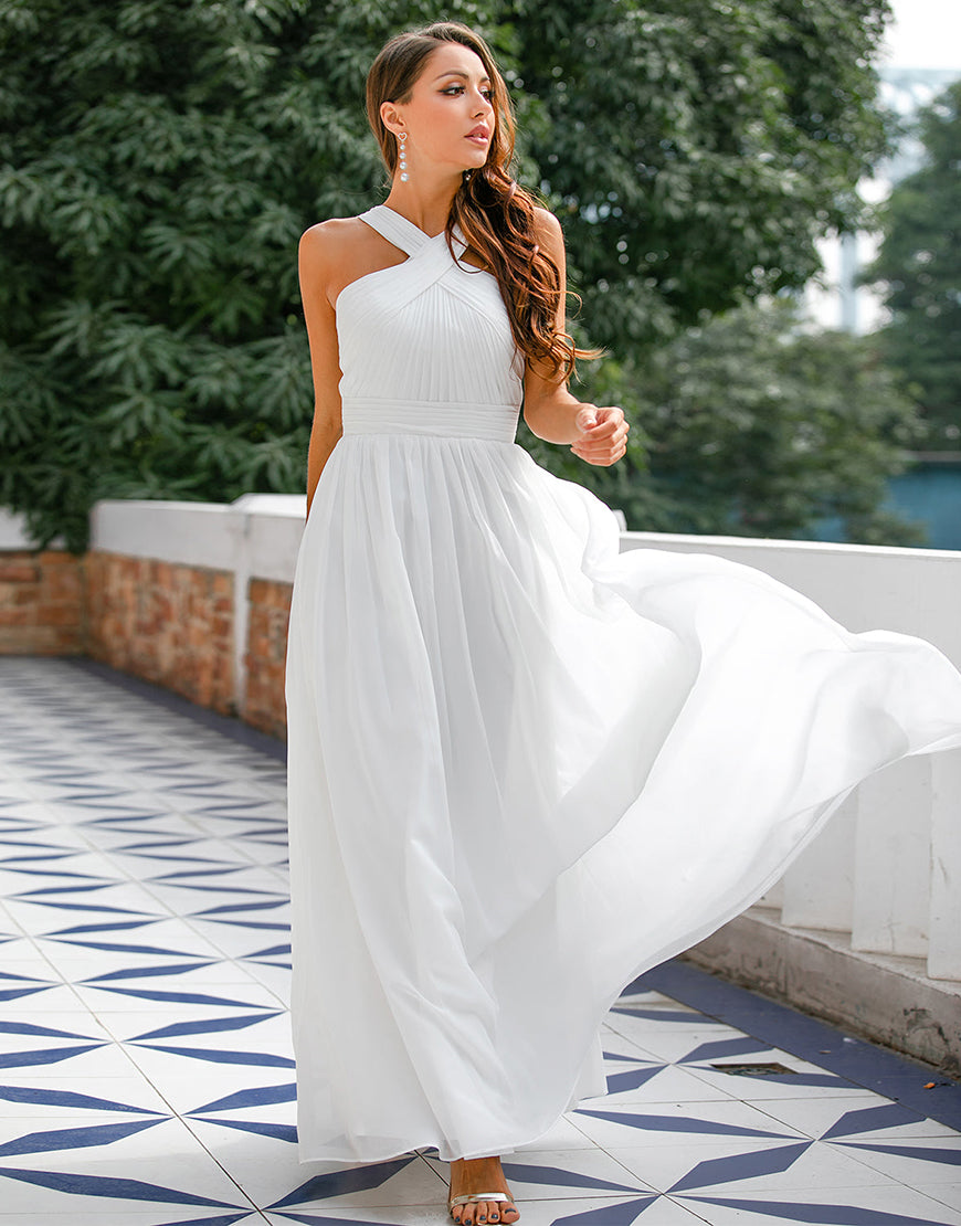 Luolandi Ruffle Cross V-neck Dress Wedding Dresses Floor Length Pure Color