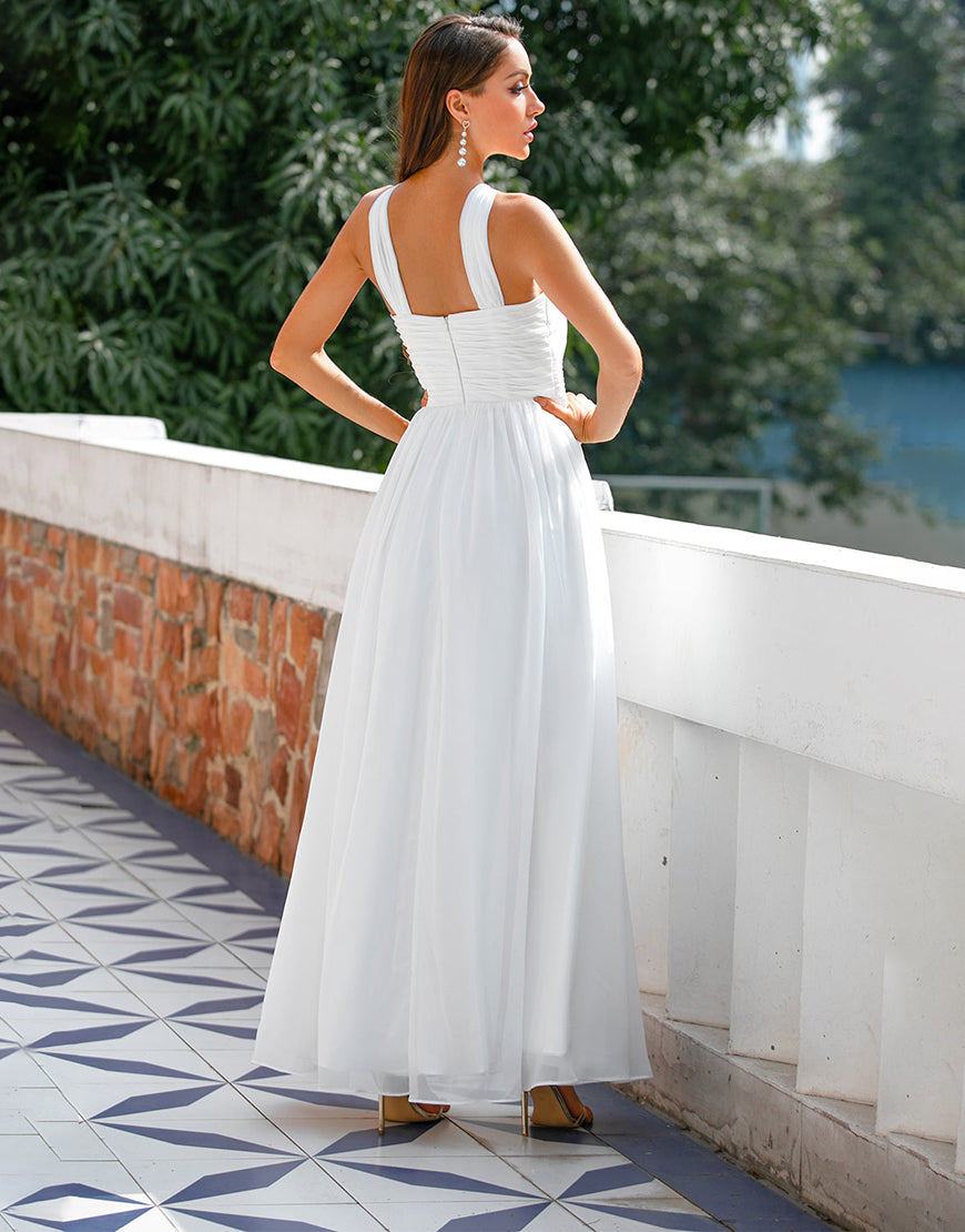 Luolandi Ruffle Cross V-neck Dress Wedding Dresses Floor Length Pure Color