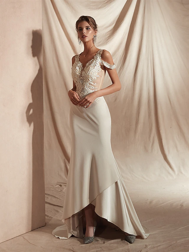 Luolandi Mermaid Trumpet Wedding Dresses V Neck Asymmetrical Matte Satin Short Sleeve Casual Sexy Illusion Detail Modern