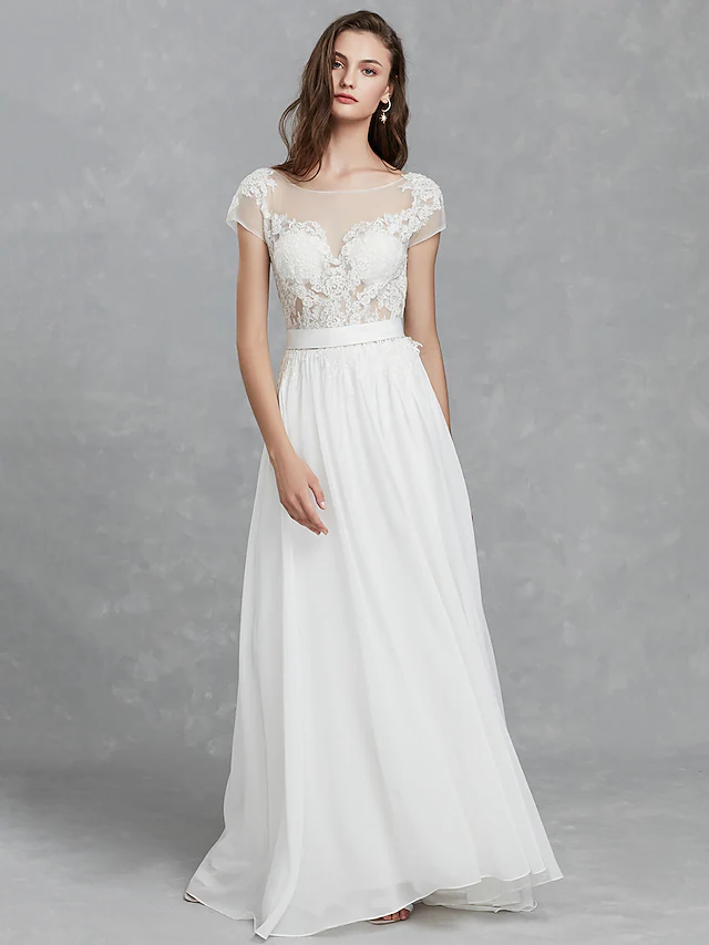 Luolandi Long Wedding Dresses Bateau Neck Satin Long Sleeve Mordern Backless with Buttons