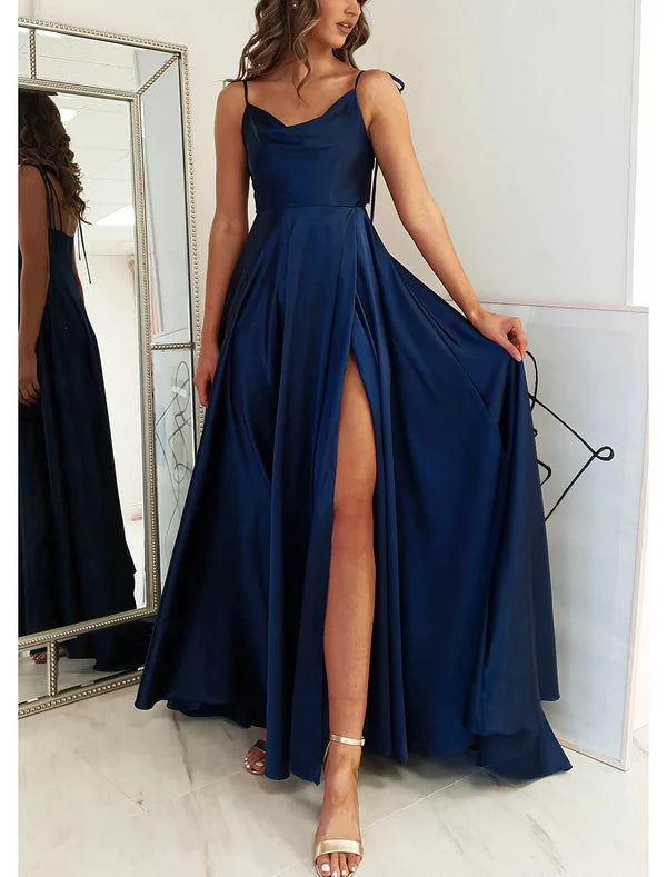 Luolandi A-Line Wedding Guest Dresses Elegant Dress Formal Prom Floor Length Sleeveless Spaghetti Strap Satin Party Dresses