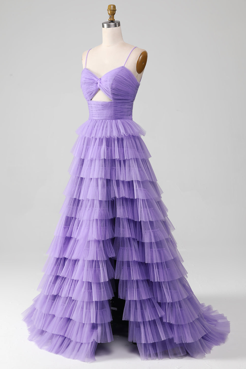 Luolandi Purple Tulle A-Line Tiered Long Prom Dress With Slit V-neck Sexy