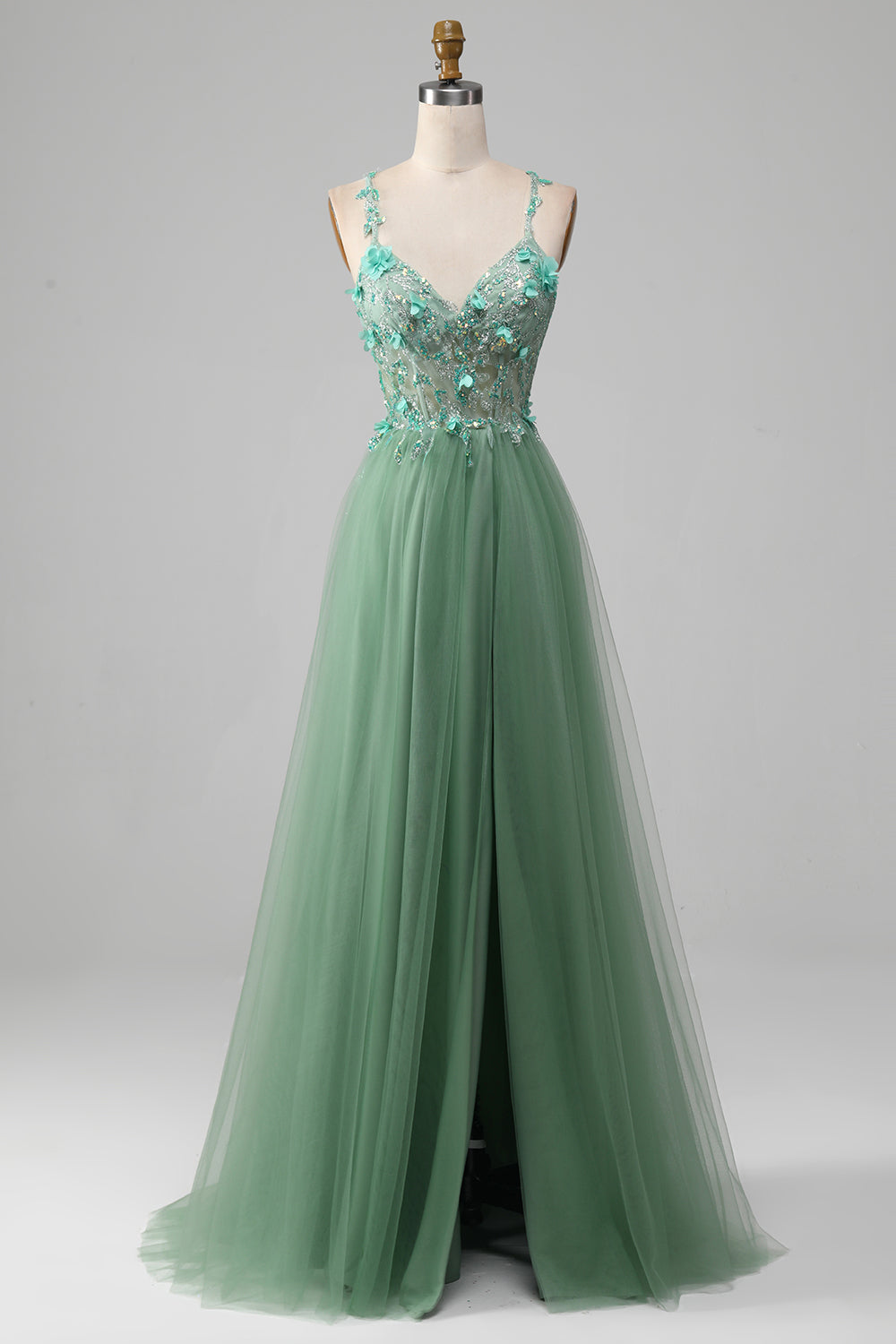 Luolandi Sparkly Green A-Line Spaghetti Straps Corset Prom Dress With Appliques And Slit