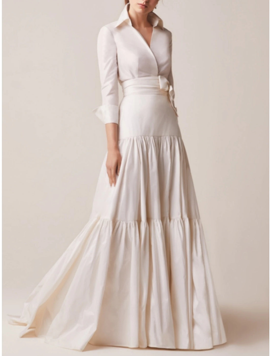 Luolandi A-Line Mother of the Bride Dress Wedding Guest Elegant Shirt Collar Sweep / Brush Train Taffeta Long Sleeve with Bow(s)