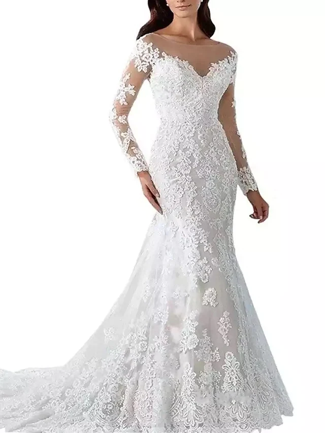 Luolandi Wedding Dresses Scoop Neck Chapel Train Lace Tulle Lace Over Satin Long Sleeve Formal Sexy Beautiful Back Illusion Sleeve