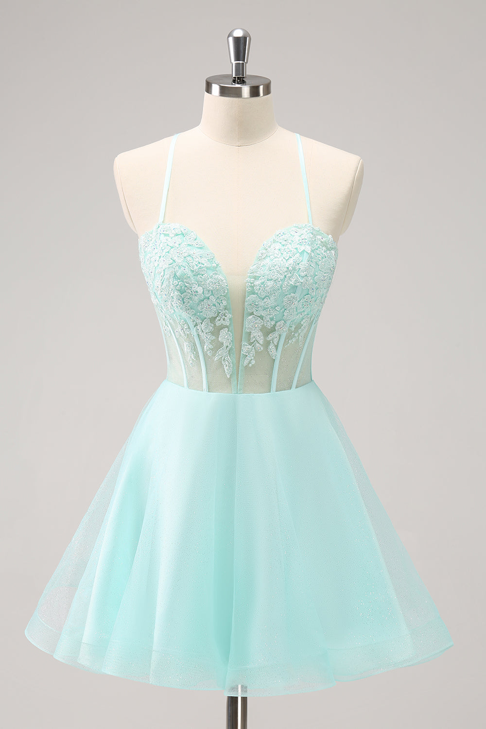 Luolandi Green A Line Tulle Corset Spaghetti Straps Homecoming Dress With Appliques Party Dress