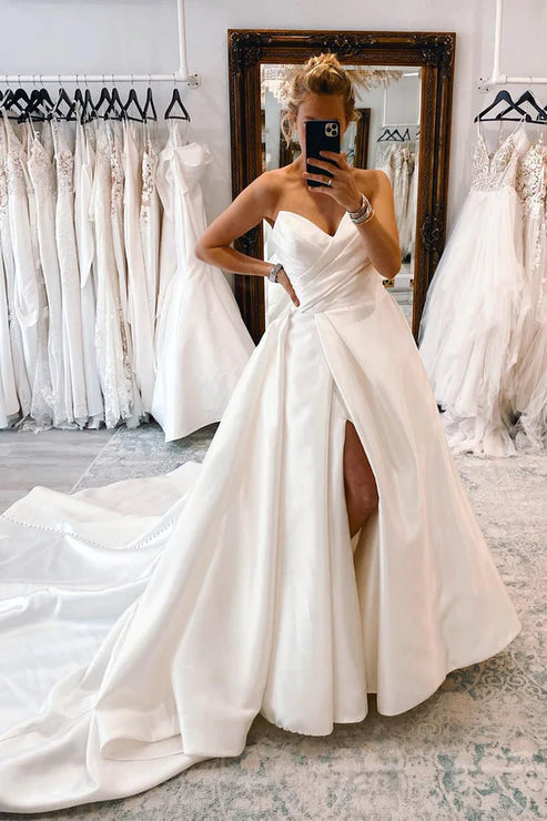 Luolandi Satin Long A-Line Wedding Dress with Slit Off Shoulder Sexy