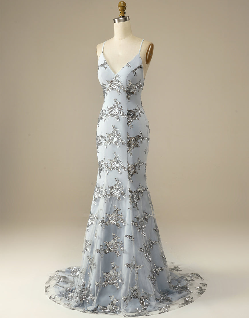 Luolandi Mermaid Glitter Silver Long Prom Dress V-neck Open Back Sparkly