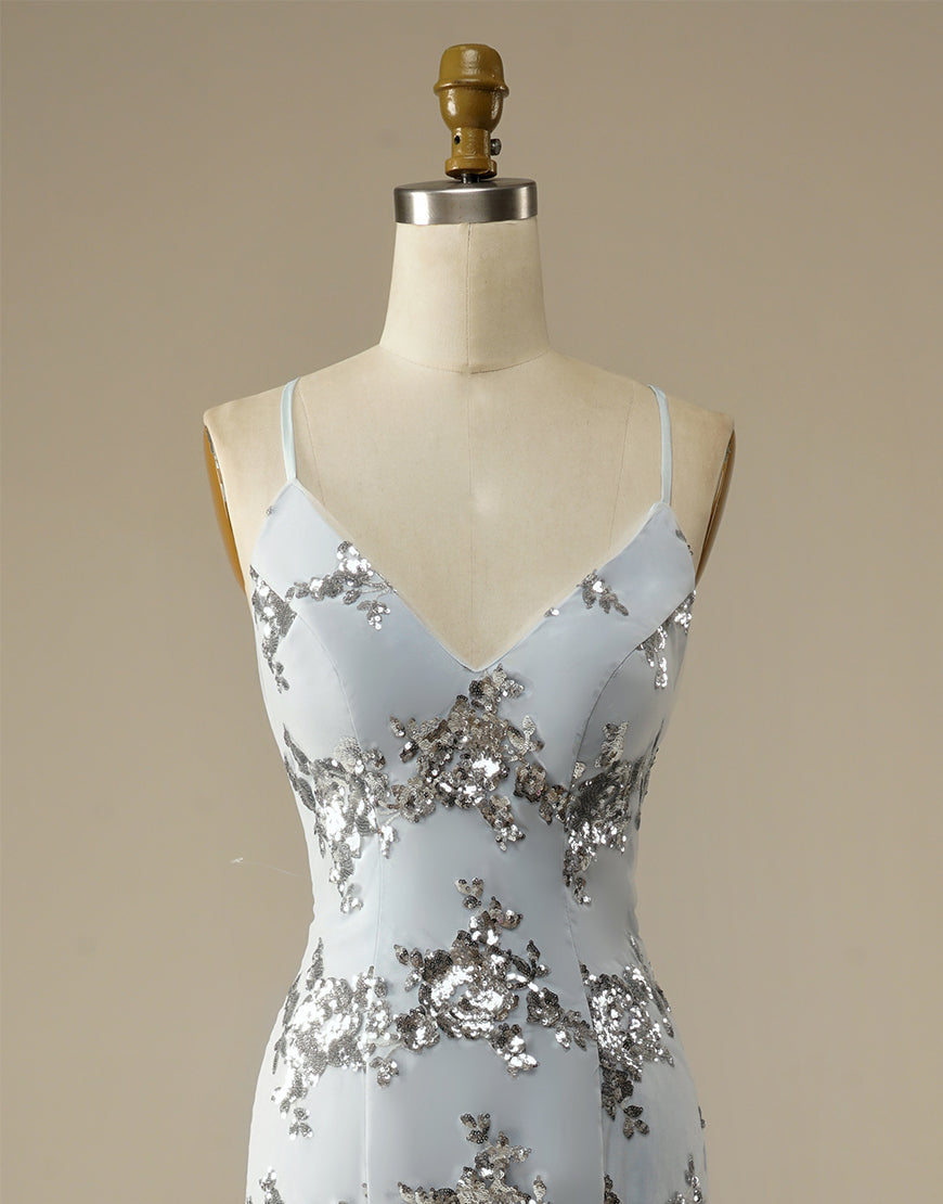 Luolandi Mermaid Glitter Silver Long Prom Dress V-neck Open Back Sparkly