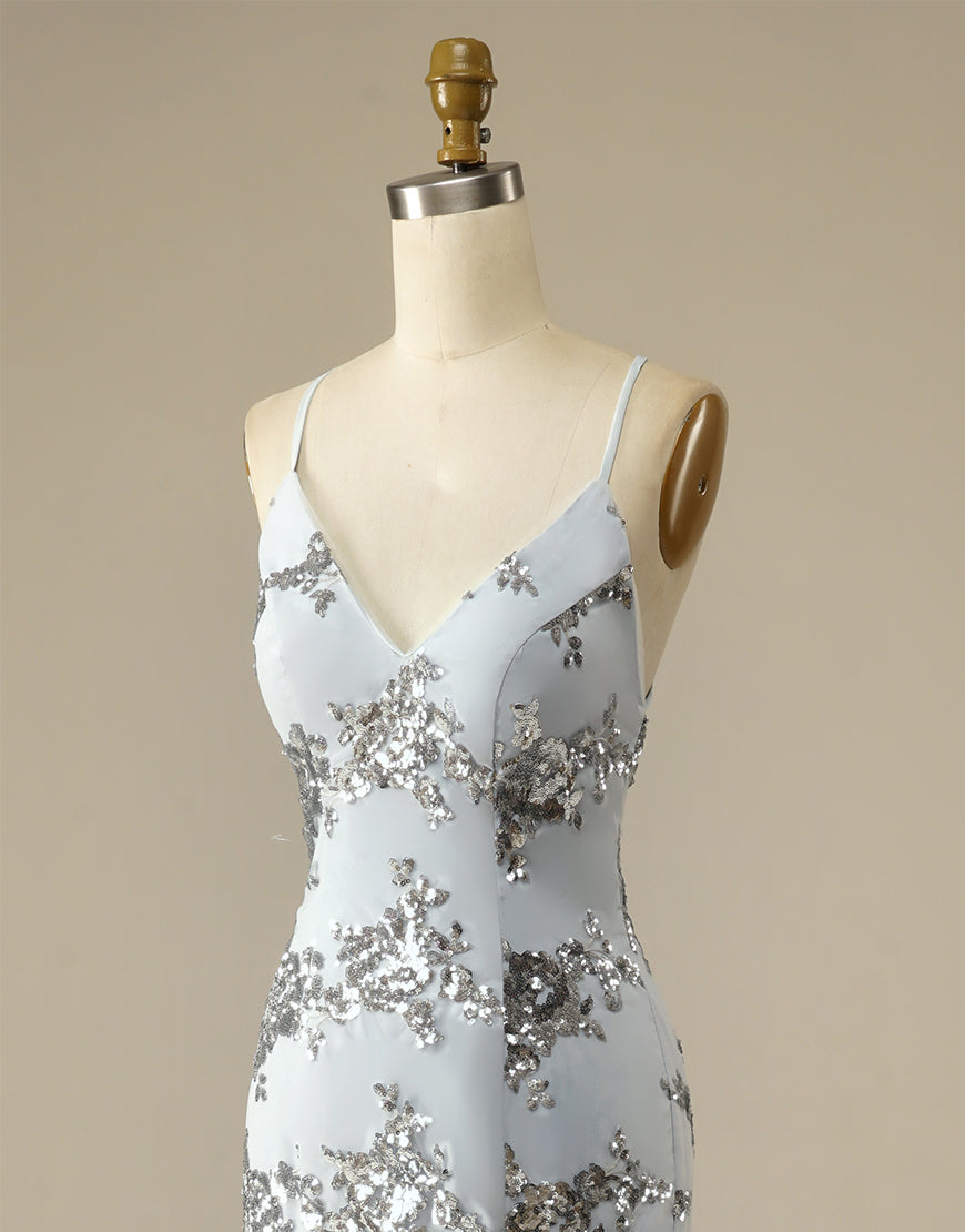 Luolandi Mermaid Glitter Silver Long Prom Dress V-neck Open Back Sparkly