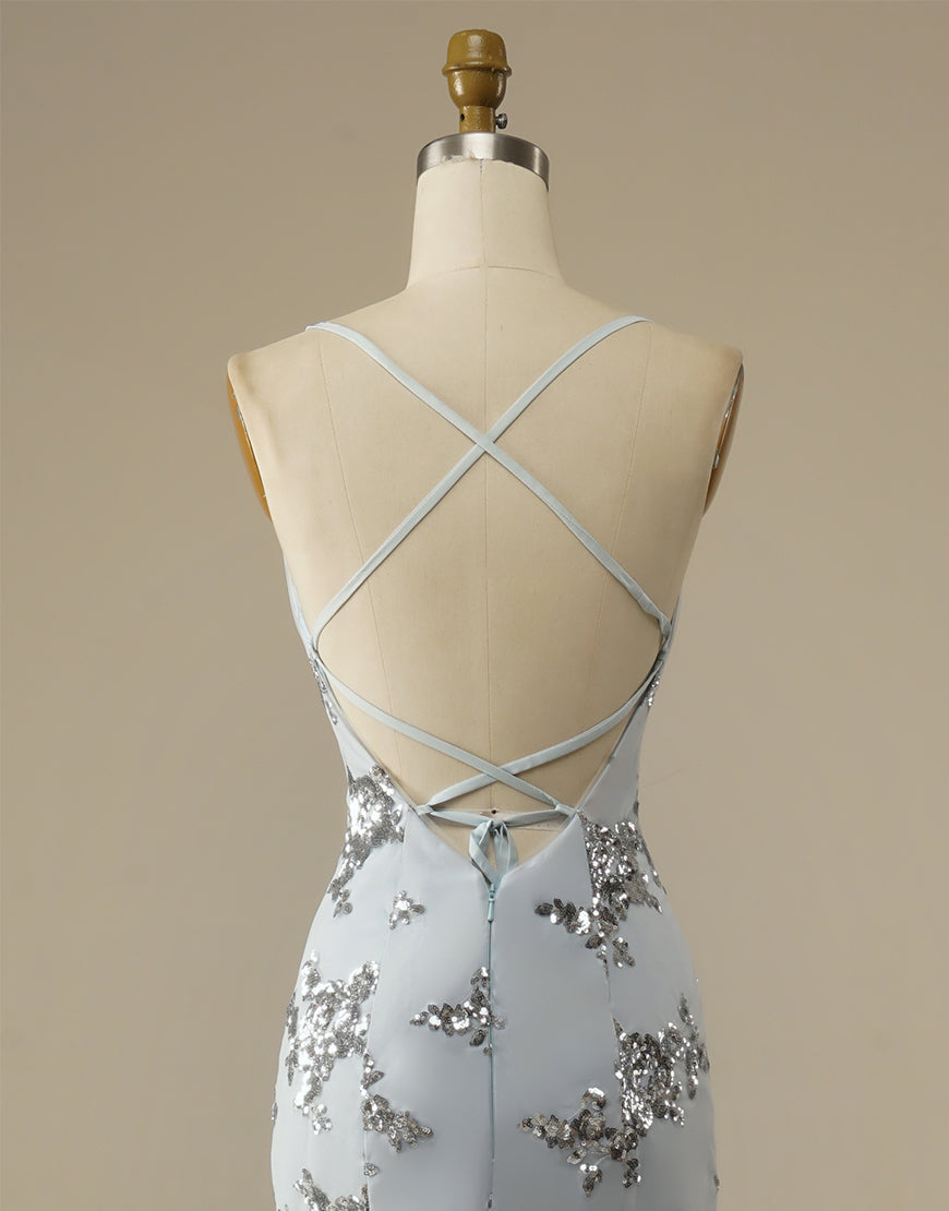 Luolandi Mermaid Glitter Silver Long Prom Dress V-neck Open Back Sparkly