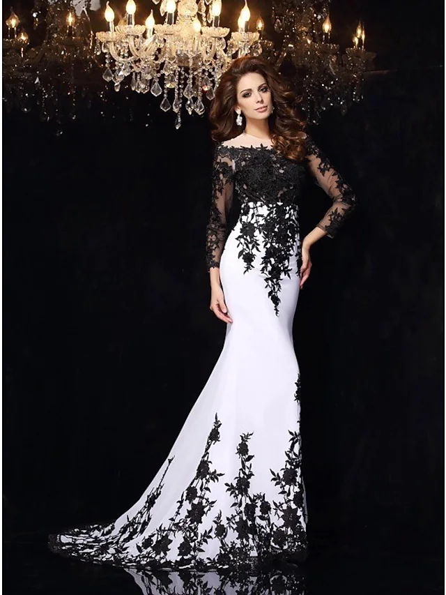 Luolandi Wedding Dresses Bateau Neck Lace Tulle Lace Over Satin Long Sleeve Sexy Black Illusion Sleeve