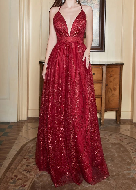Luolandi Spaghetti Straps Burgundy A Line Princess Prom Dress V-neck Floor Length