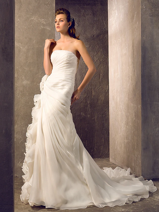 Luolandi Wedding Dresses Strapless Court Train Organza Sleeveless with Flower Cascading Ruffle