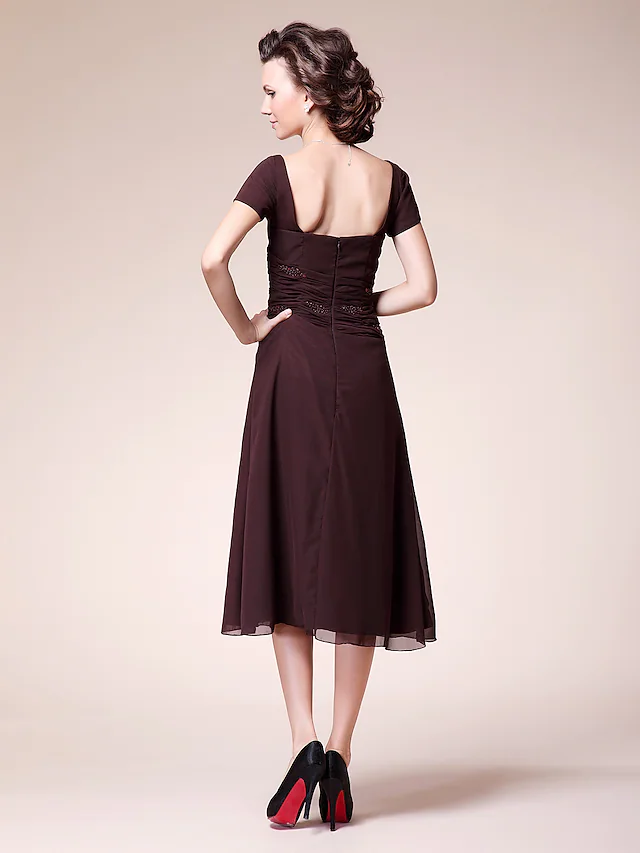 Luolandi Ball Gown Cocktail Party Wedding Party Dress V Neck Short Sleeve Tea Length Chiffon with Ruched