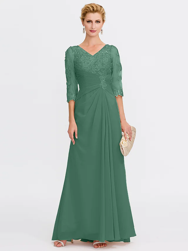 Luolandi Mother of the Bride Dress Elegant See Through V Neck Floor Length Chiffon Sheer Lace Half Sleeve