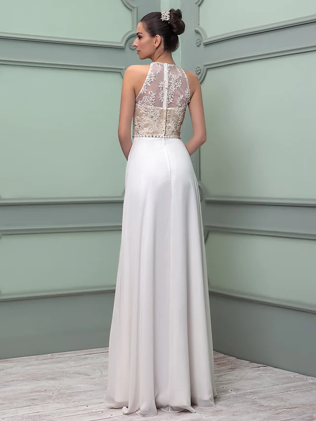 Luolandi Wedding Dresses Jewel Neck Floor Length Chiffon Lace Regular Straps See-Through with Sash Ribbon