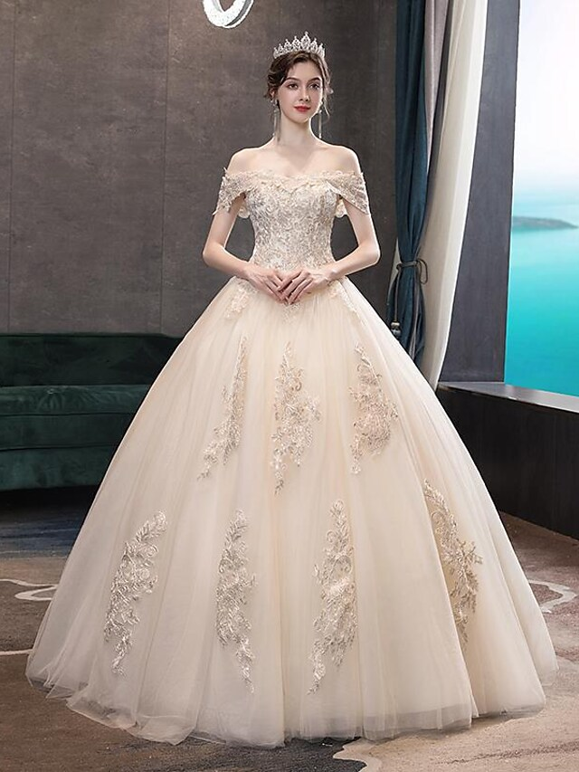 Luolandi Princess Ball Gown Wedding Dresses Off Shoulder Floor Length Lace Tulle Sequined Short Sleeve Formal Romantic Luxurious Sparkle & Shine with Pleats
