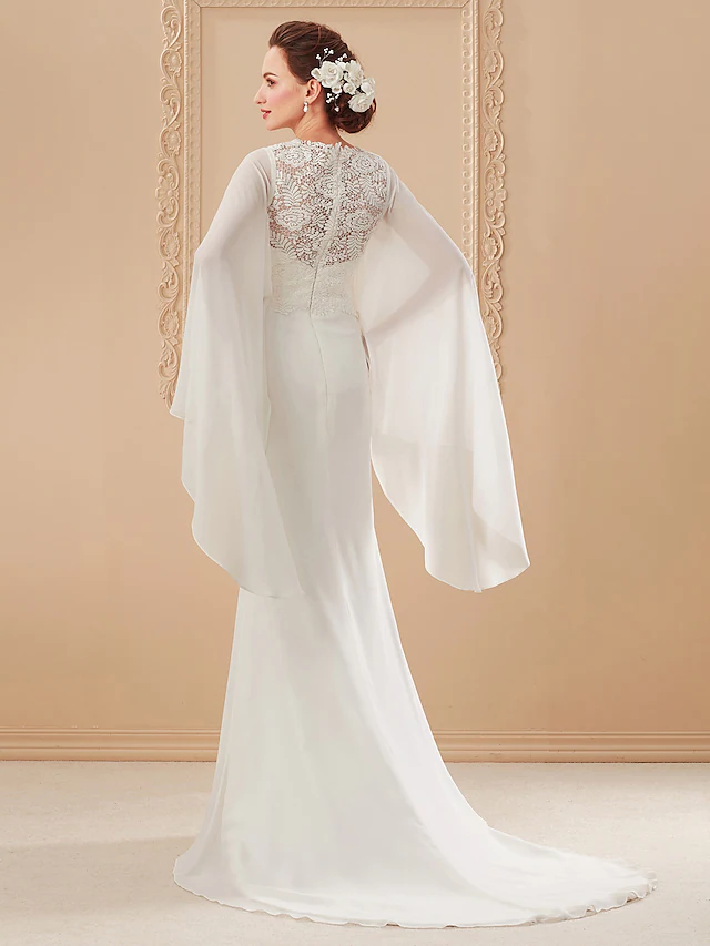 Luolandi Wedding Dresses V Neck Court Train Chiffon Long Sleeve with Beading Pure Color