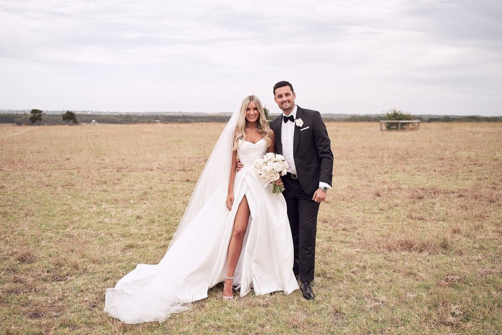 Luolandi A Line Satin Strapless Wedding Dresses With Court Train With Slit Sexy