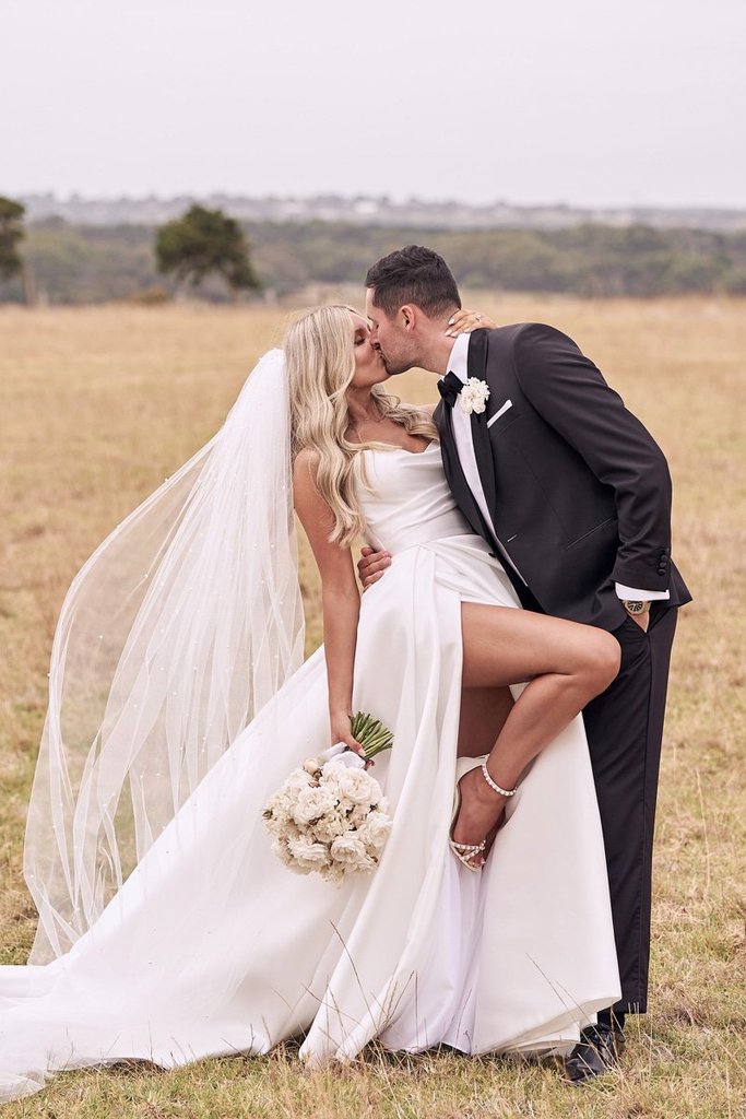 Luolandi A Line Satin Strapless Wedding Dresses With Court Train With Slit Sexy