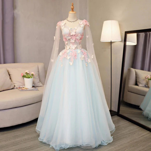 Luolandi Lovely Light Blue A-line Floor Length Formal Dress Sweet 16 Gowns Prom Dress With Butterfly Beautiful