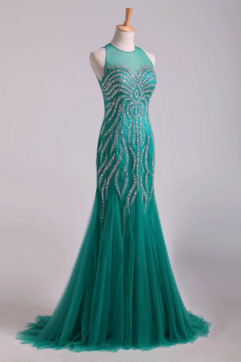 Luolandi Mermaid Tulle Party Dresses Fully Beaded Bodice Sweep Train Evening Dress