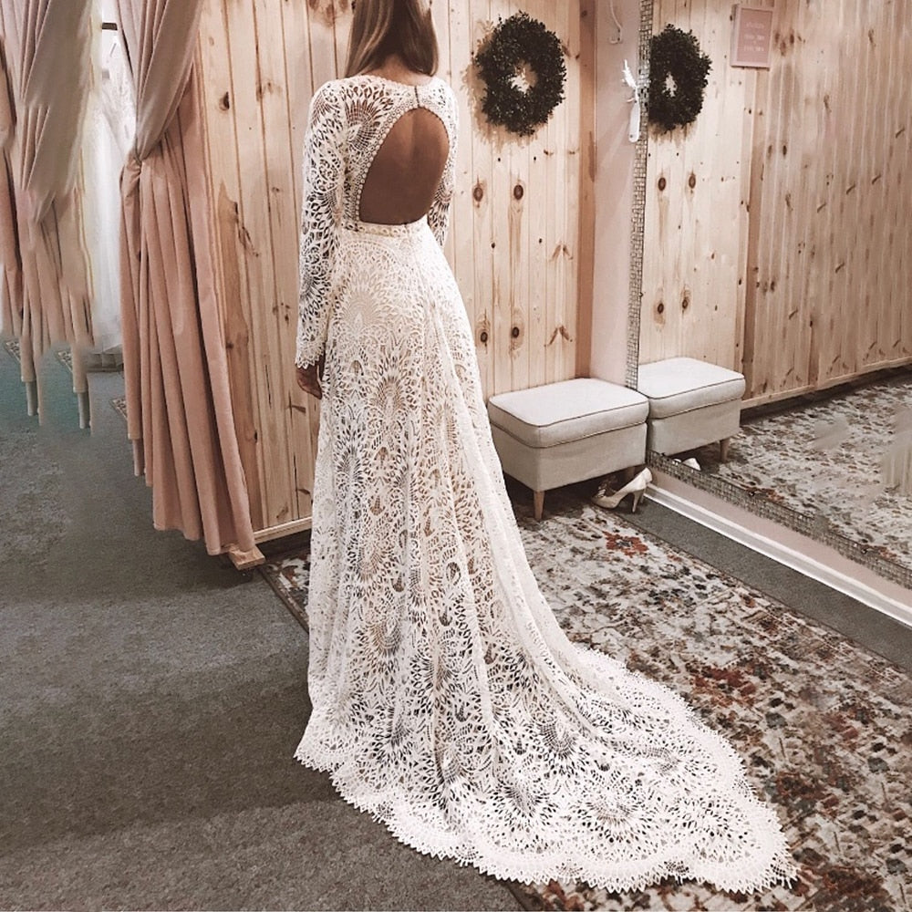 Luolandi Elegant Mermaid Lace Long Sleeve Boho Scoop Neck Open Back Pearls Modern Wedding Dresses Beautiful