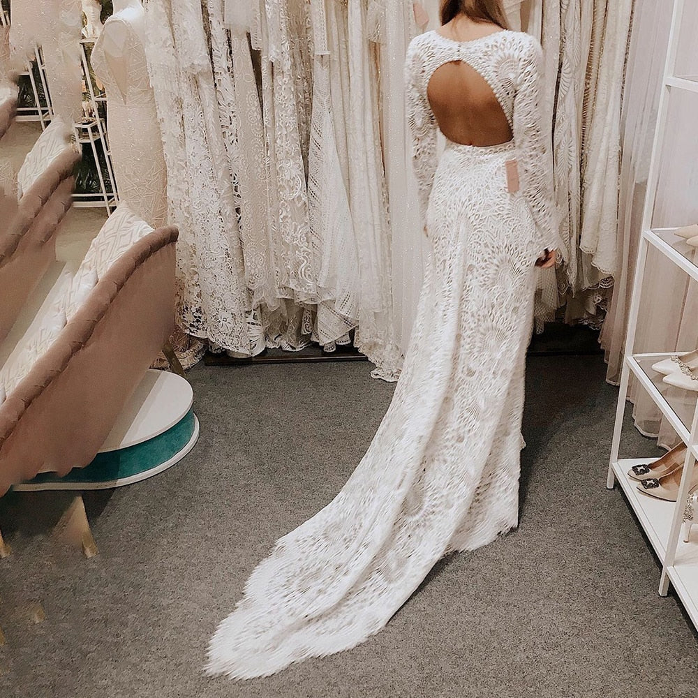 Luolandi Elegant Mermaid Lace Long Sleeve Boho Scoop Neck Open Back Pearls Modern Wedding Dresses Beautiful