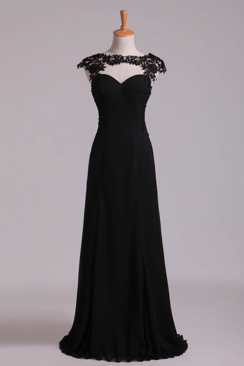 Luolandi Scoop Party Dresses A Line Chiffon With Applique Floor Length Elegant Black