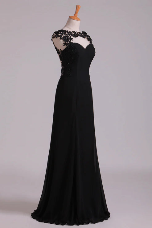 Luolandi Scoop Party Dresses A Line Chiffon With Applique Floor Length Elegant Black