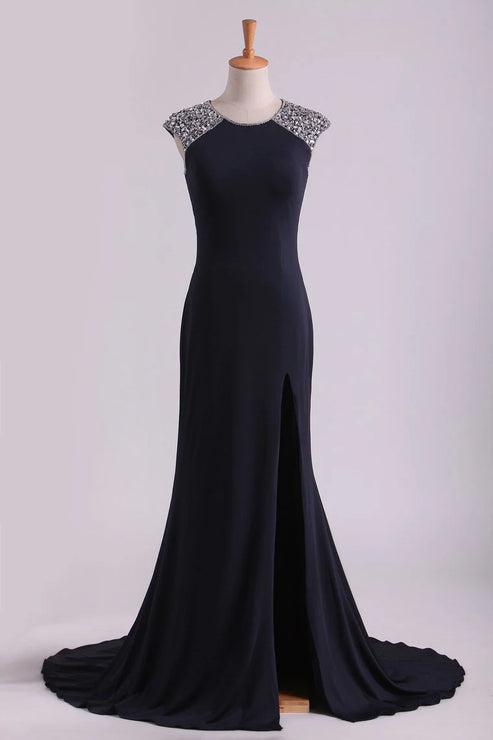 Luolandi Scoop Sheath Spandex With Beading & Slit Sweep Train Party Dresses Evening Dress