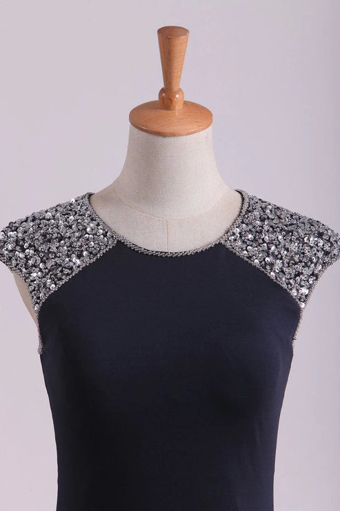 Luolandi Scoop Sheath Spandex With Beading & Slit Sweep Train Party Dresses Evening Dress