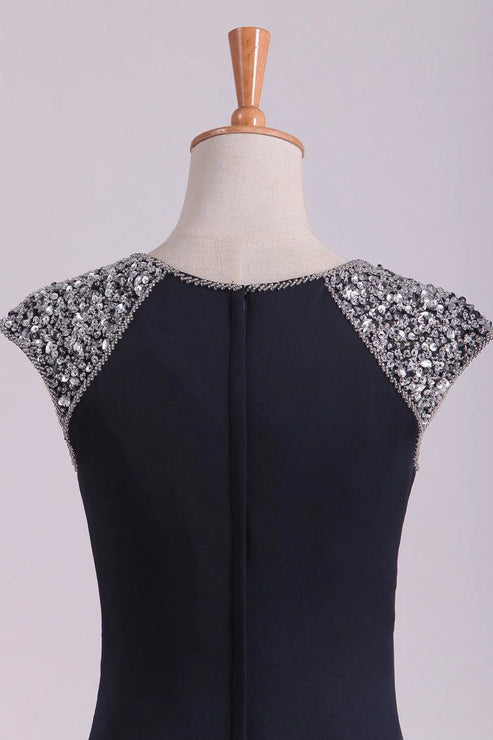 Luolandi Scoop Sheath Spandex With Beading & Slit Sweep Train Party Dresses Evening Dress