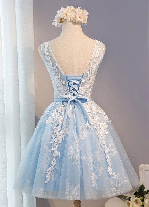 Luolandi Scoop Neck Short Tulle Appliques Lace Homecoming Dress Sky Blue Beautiful
