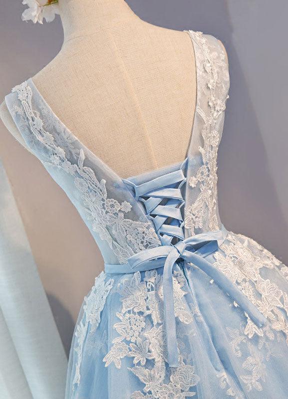 Luolandi Scoop Neck Short Tulle Appliques Lace Homecoming Dress Sky Blue Beautiful