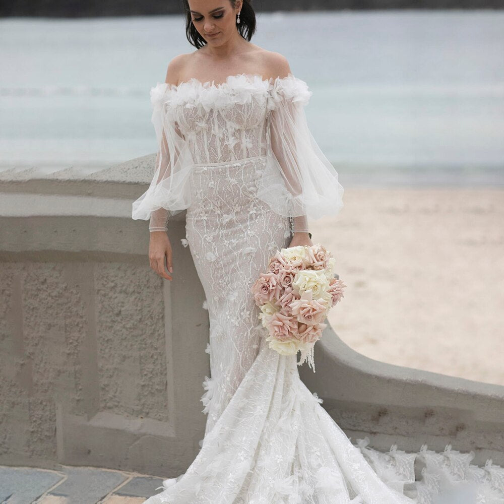 Luolandi Luxury Mermaid Off Shoulder Sequin 3D Flowers Long Puff Sleeve Wedding Dresses Beautiful