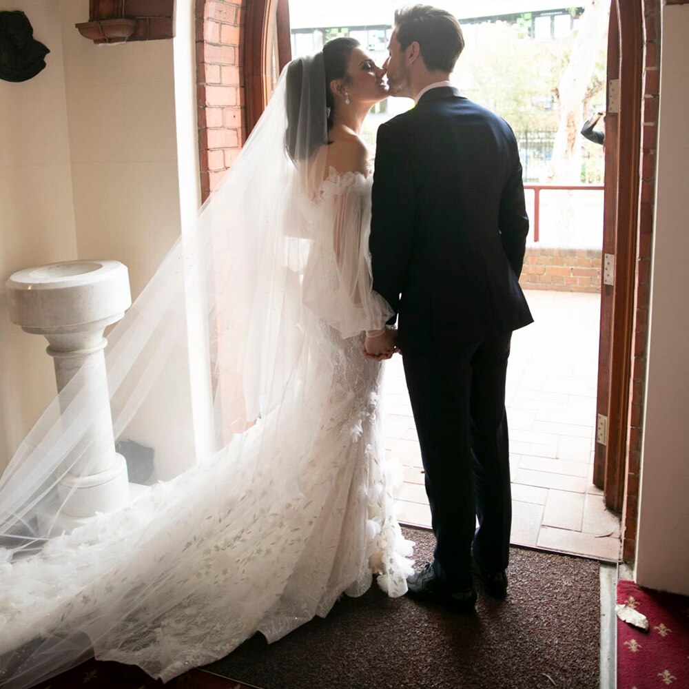 Luolandi Luxury Mermaid Off Shoulder Sequin 3D Flowers Long Puff Sleeve Wedding Dresses Beautiful